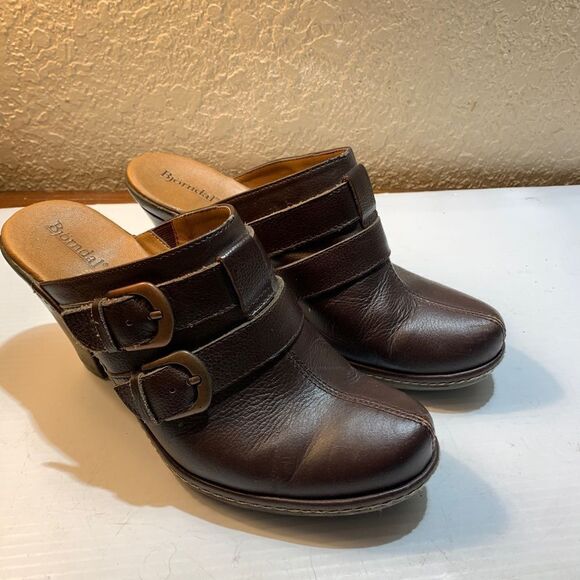Bjorndal Brown Stack Heel Mules w/ double strap buckles size 7.5M - Picture 1 of 11